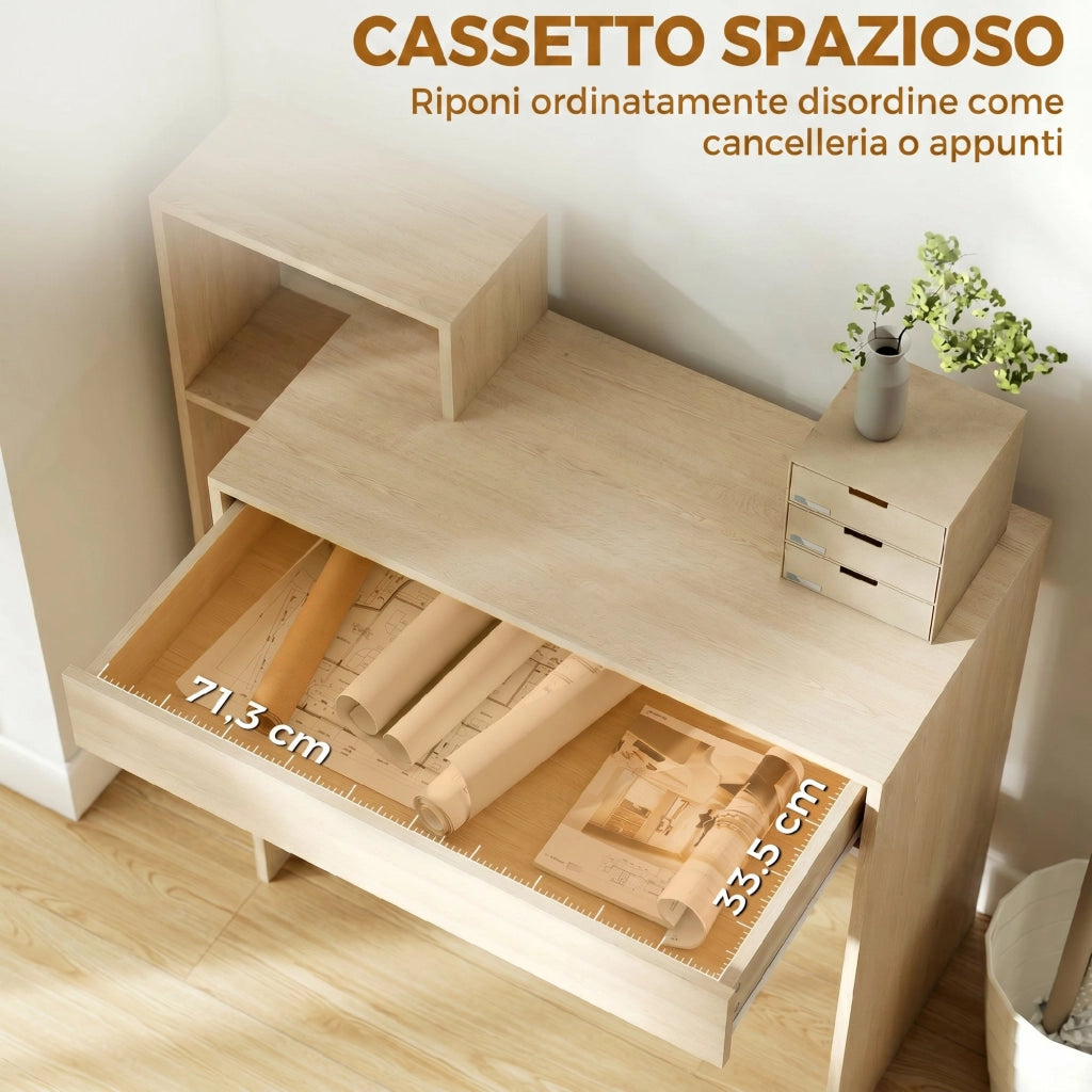 Scrivania PC con 3 Ripiani Aperti e Cassetto ¨C Minimal ¨C Legno 100x40x90 cm