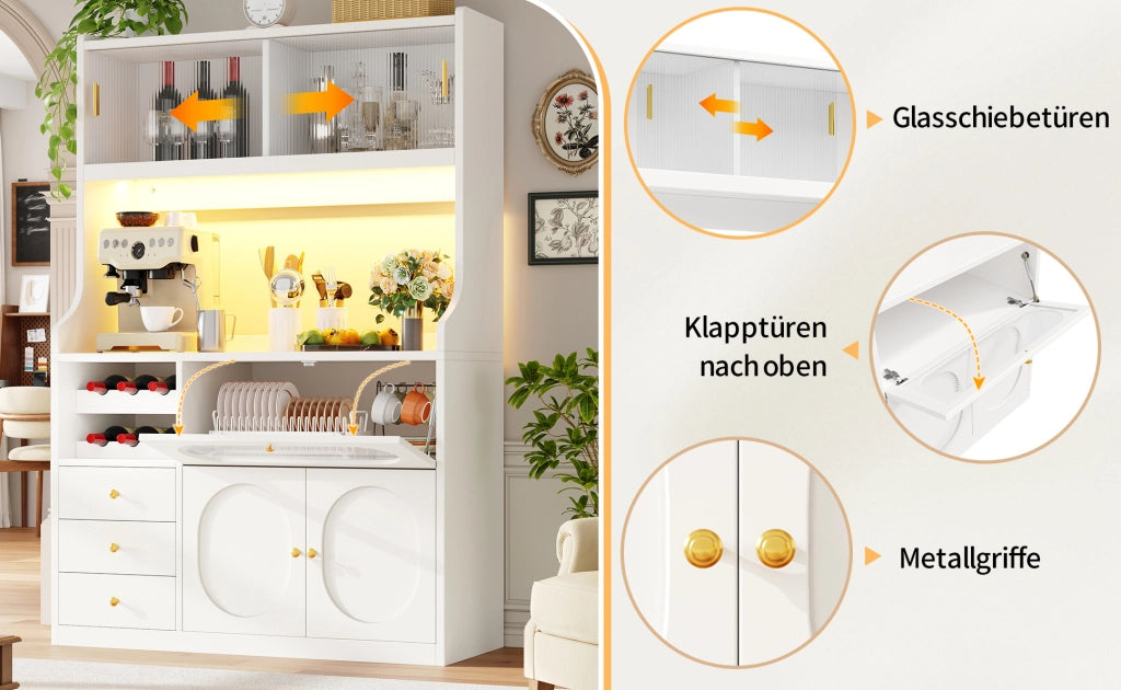 Mobile controllato armadio alto cucina 120 cm con LED RGB, porte scorrevoli in vetro, portabottiglie e ante a ribalta, 3 cassetti, bianco/nero