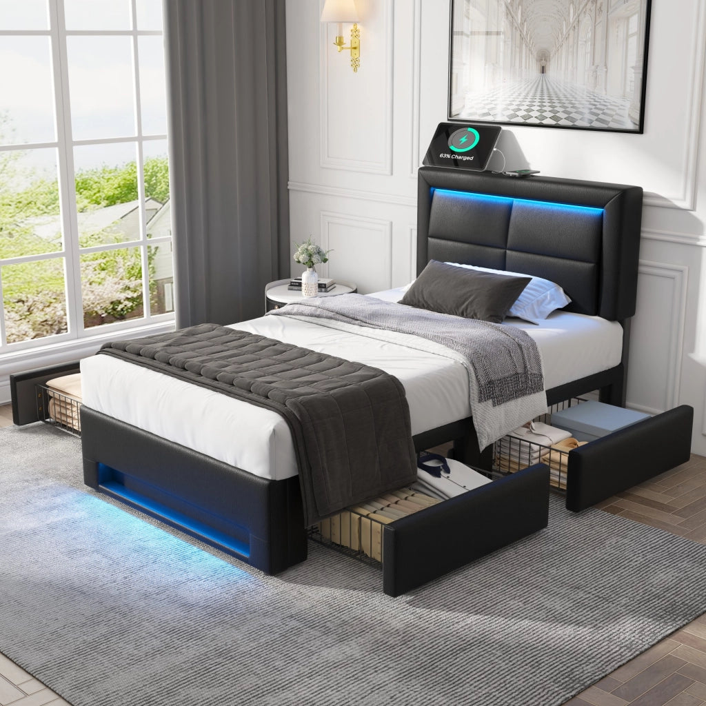Letto Singolo 90 x 200 cm con USB; LED e 4 Cassetti in PU Nero