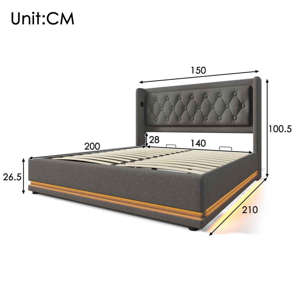 Letto matrimoniale contenitore 140 × 200 cm grigio in cotone con LED; USB e Type-C