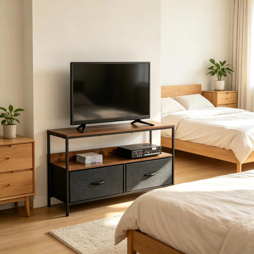 Mobile TV basso nero e grigio con due cassetti ripiegabili