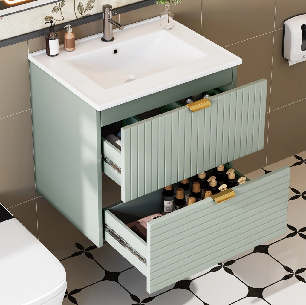 Mobile bagno sospeso 61x46x57 cm in MDF laccato completo di lavabo integrato, 2 cassetti silenziosi verde menta
