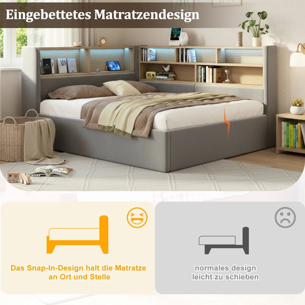Letto per bambini con contenitore idraulico in velluto grigio con LED USB e porta type-c