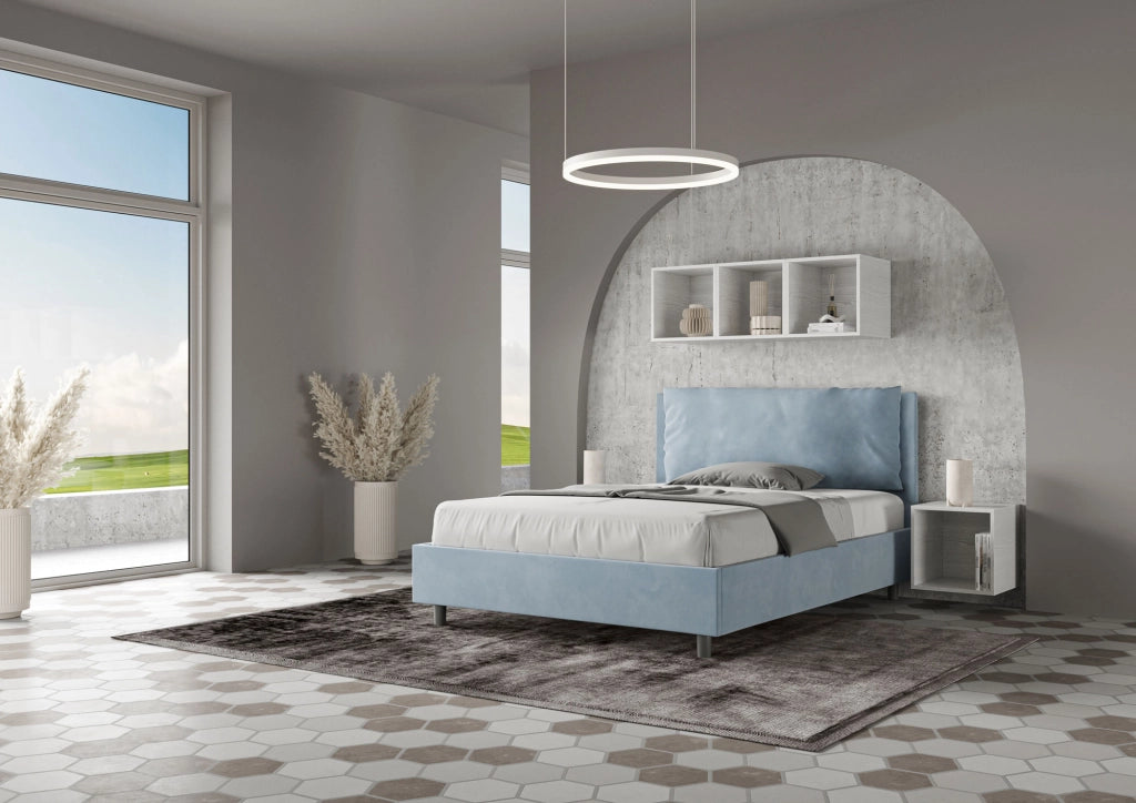 Letto Matrimoniale Francese 140x190 cm con Rete Imbottito in Microfibra Antea Large Azzurro