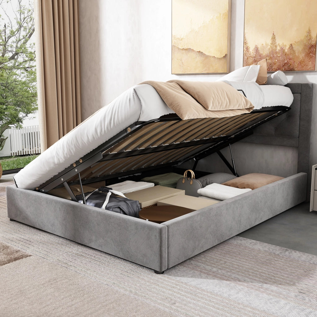 Letto imbottito contenitore in velluto grigio 140 x 200 cm