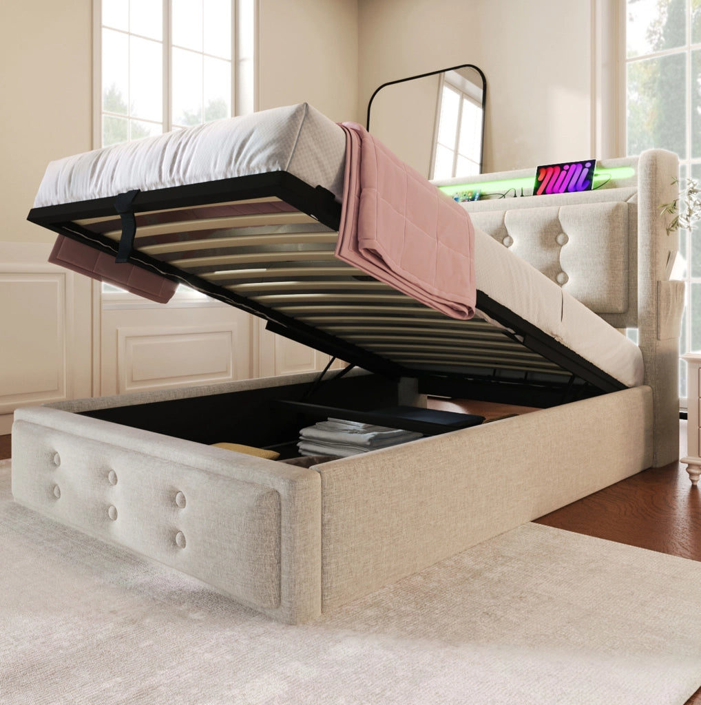 Letto singolo contenitore 90 × 200 cm con LED; USB e Type-C; cotone-lino beige