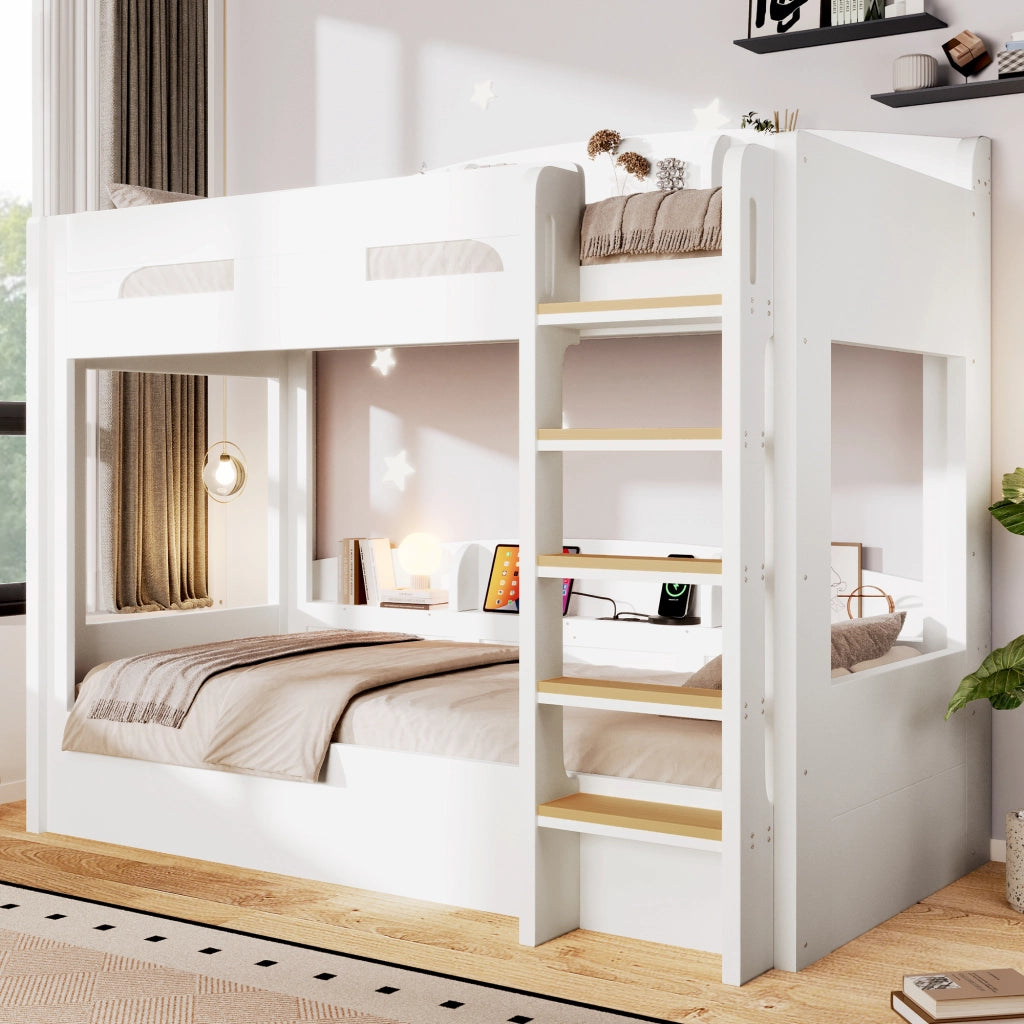 Letto a castello 90x200 cm con letto estraibile; ripiani e presa USB; bianco