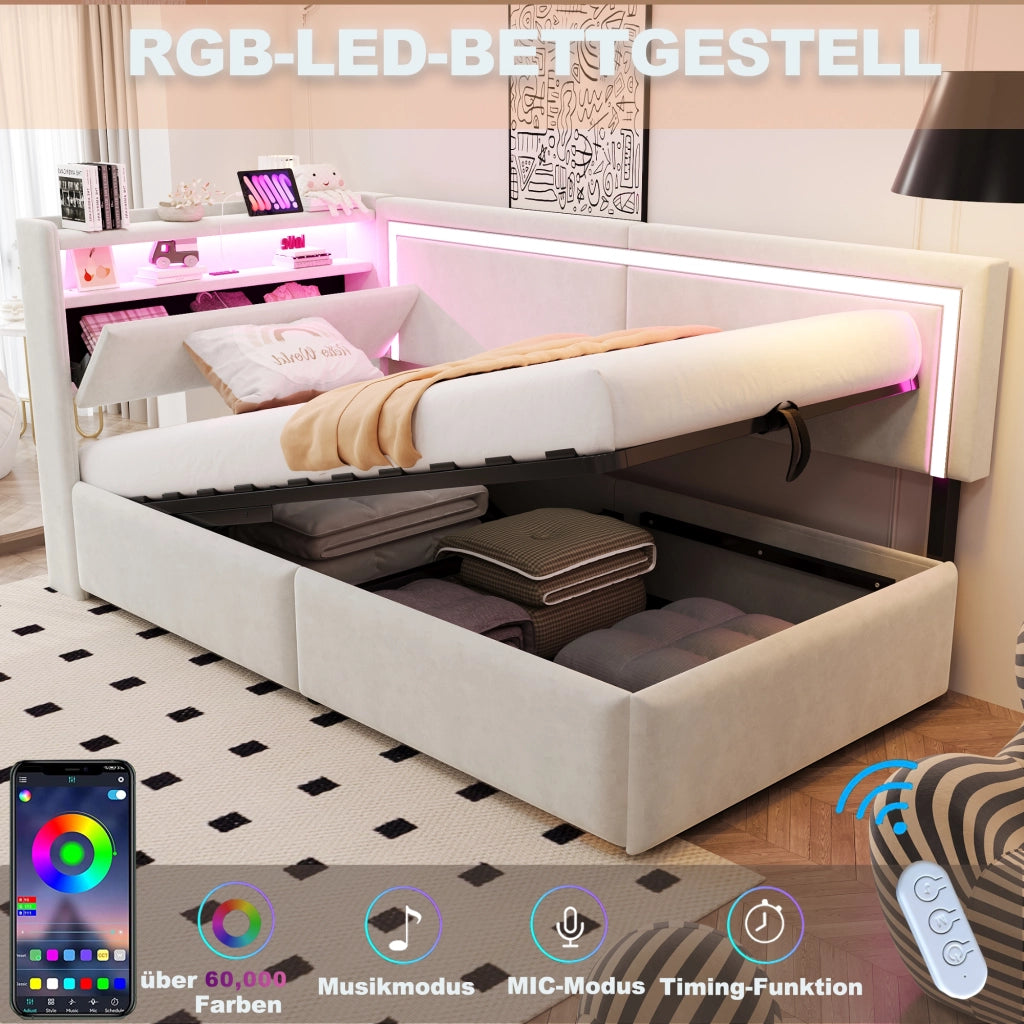 Letto singolo trasformabile 90 × 200 cm con contenitore LED USB in velluto beige