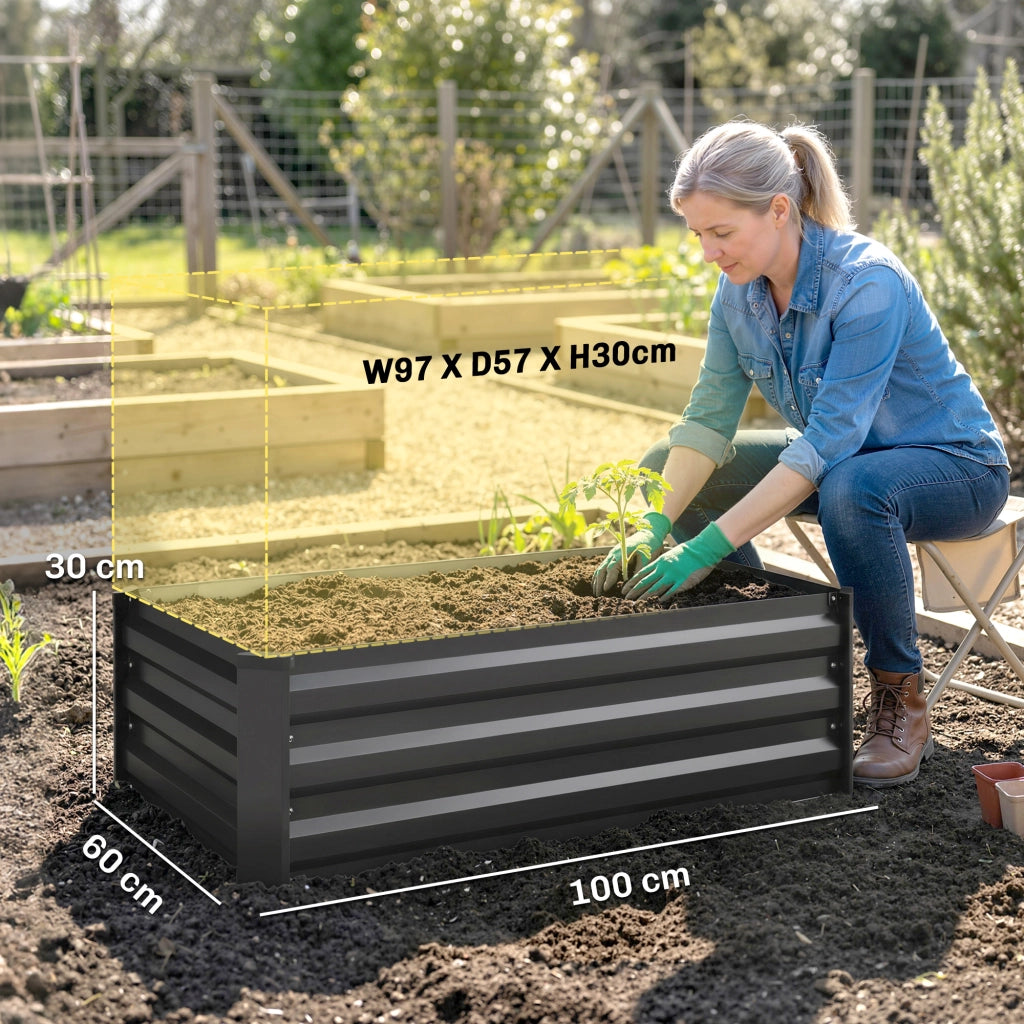 Set 2 Letti per Orto Rialzato in Acciaio Galvanizzato 100x60x30cm Fioriere Grigio con Fondo Aperto per Giardino