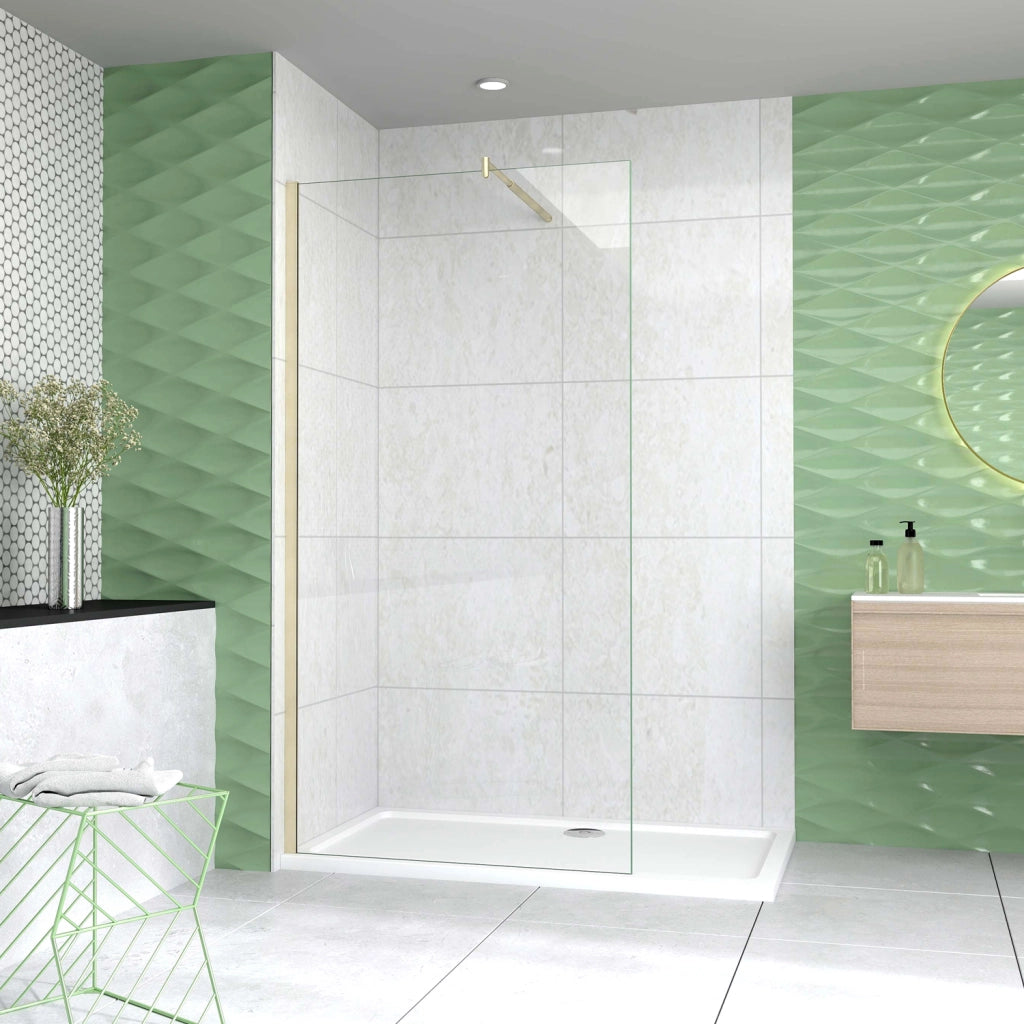 Box Doccia Walk In 80x200 cm Parete Fissa Vetro 10 mm Trasparente Anticalcare Oro Spazzolato Barra Stabilizzatrice 70-120 cm