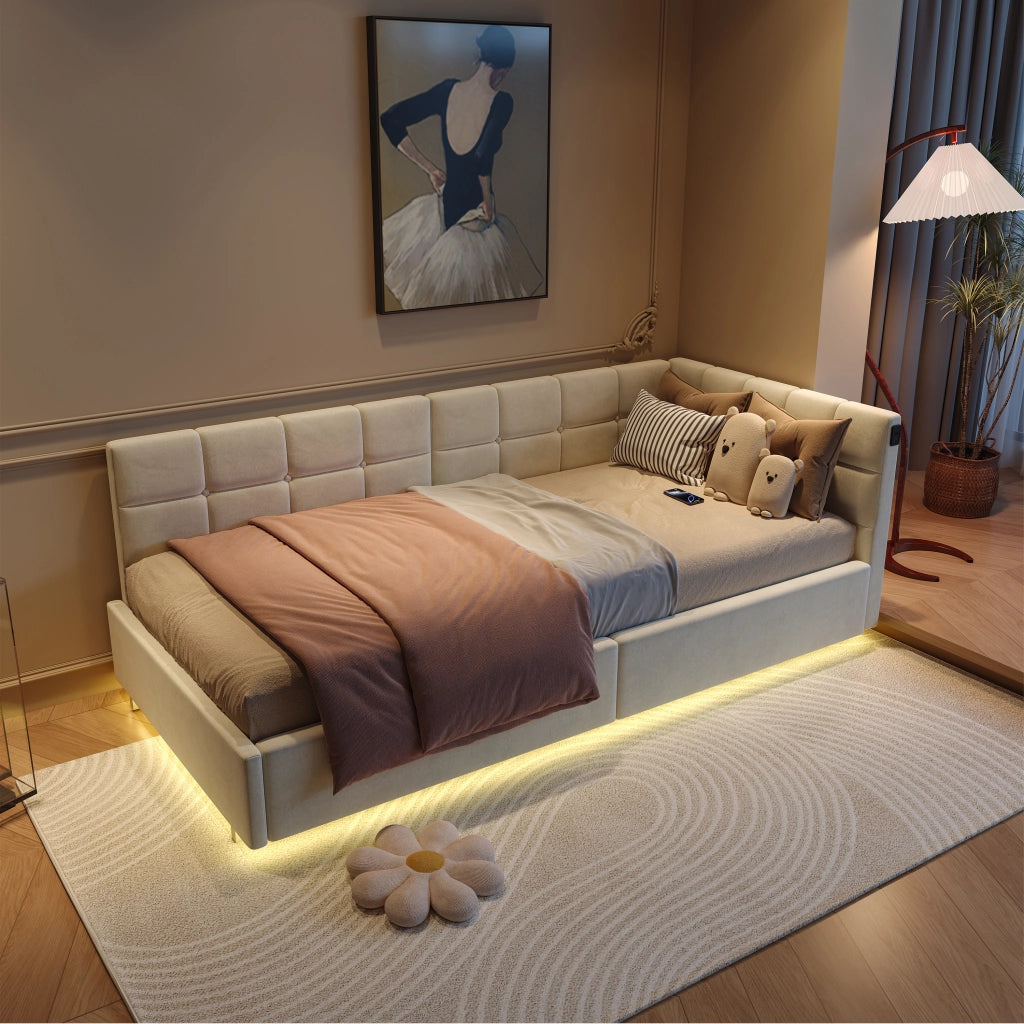 Divano letto singolo 90x200 con luce LED;Letto singolo Angolare con contenitore idraulico;letto imbottito con testiera;letto con rete a doghe;Velluto