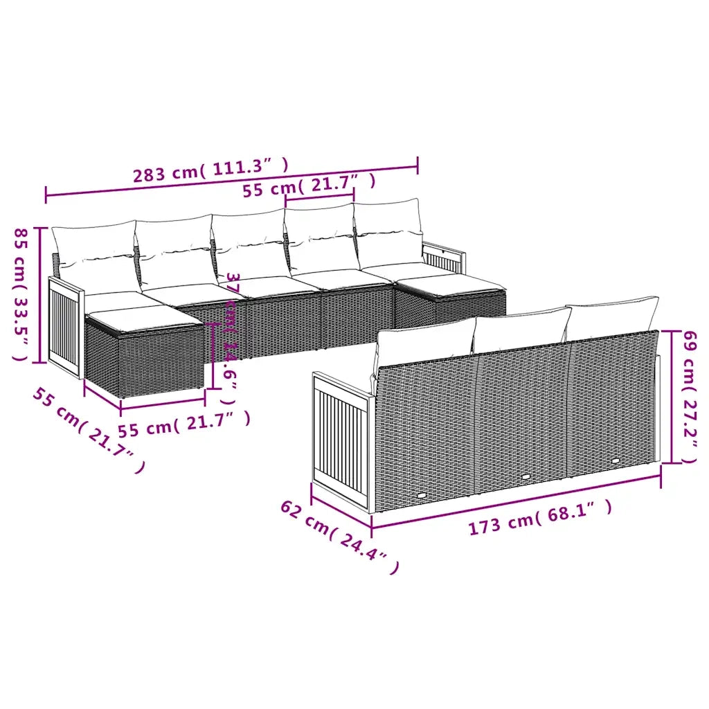 Set Divani da Giardino 10 pz con Cuscini Grigio in Polyrattan 3228098