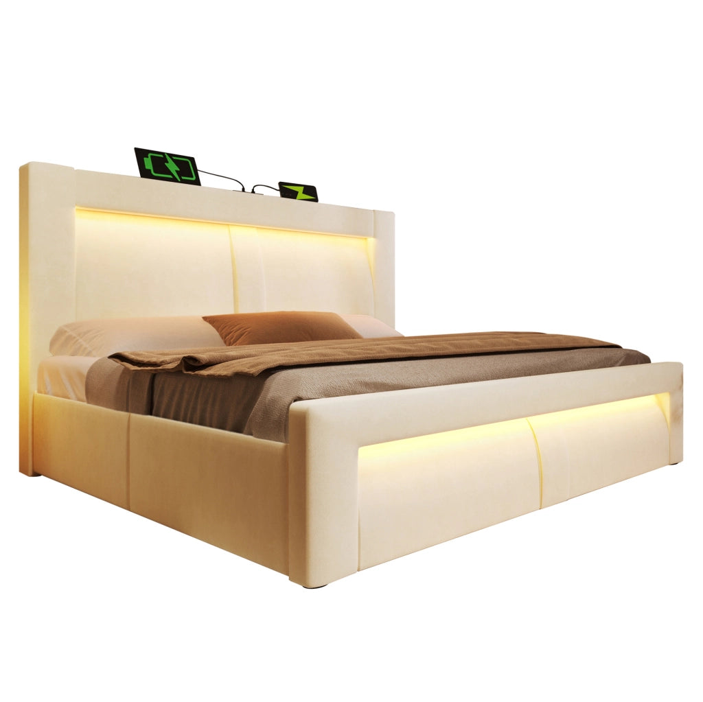 Letto matrimoniale 160x200 cm con contenitore; LED integrati; porte USB e Type-C; velluto beige