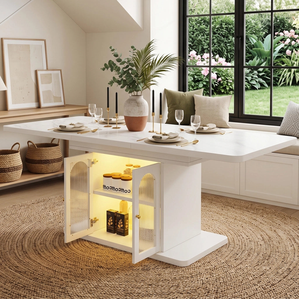 Tavolo da pranzo allungabile, 150/200 x 80 cm, effetto marmo, per 6-8 persone, con vano portaoggetti, illuminazione a LED, bianco