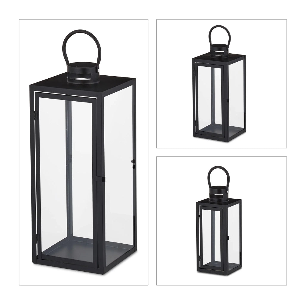 Set di 3 lanterne decorative moderne 30 x 10 x 10 cm per uso interno ed esterno in metallo nero 13_0011663