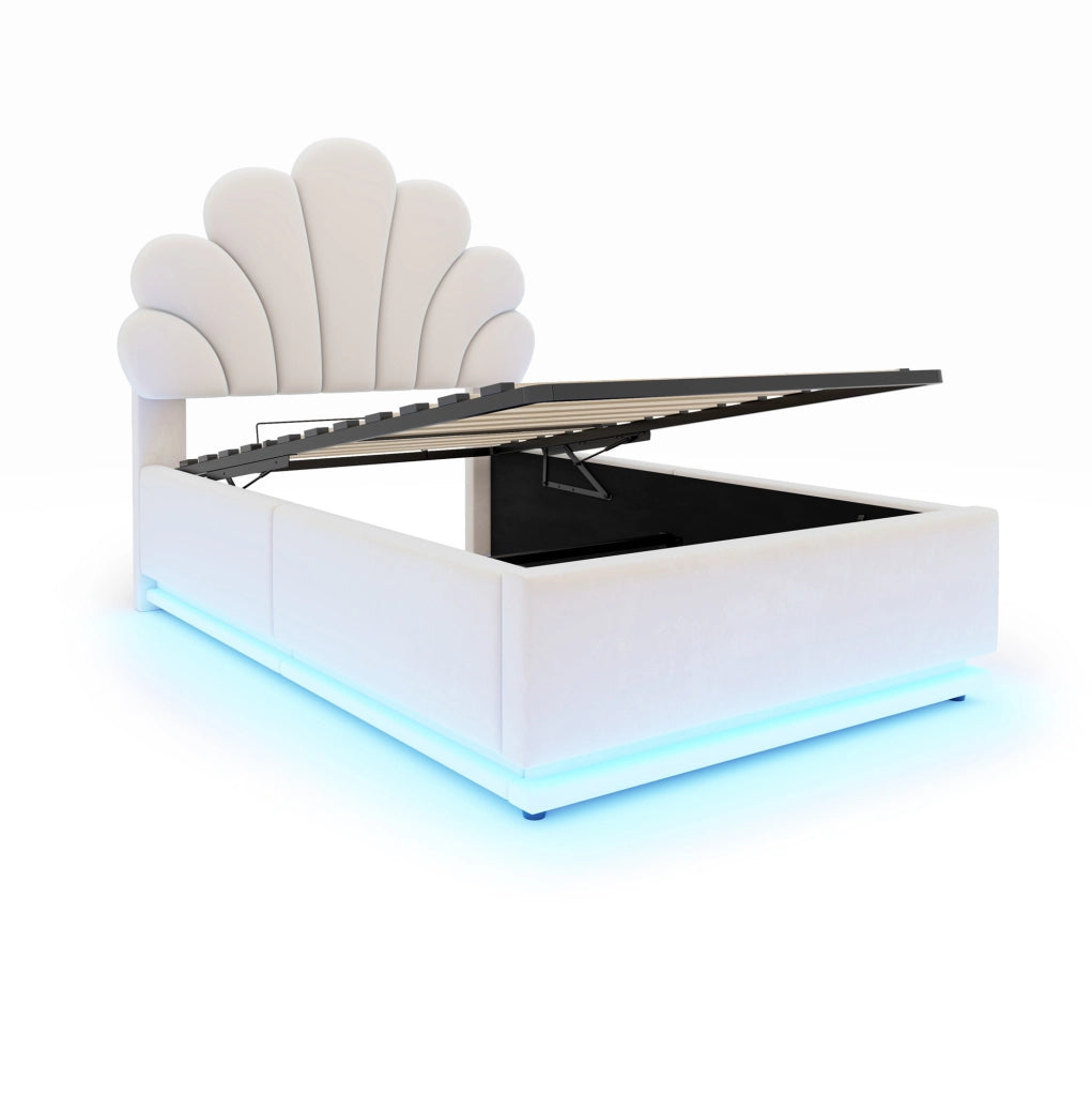 Letto imbottito 90x200 cm con contenitore idraulico e LED in velluto beige