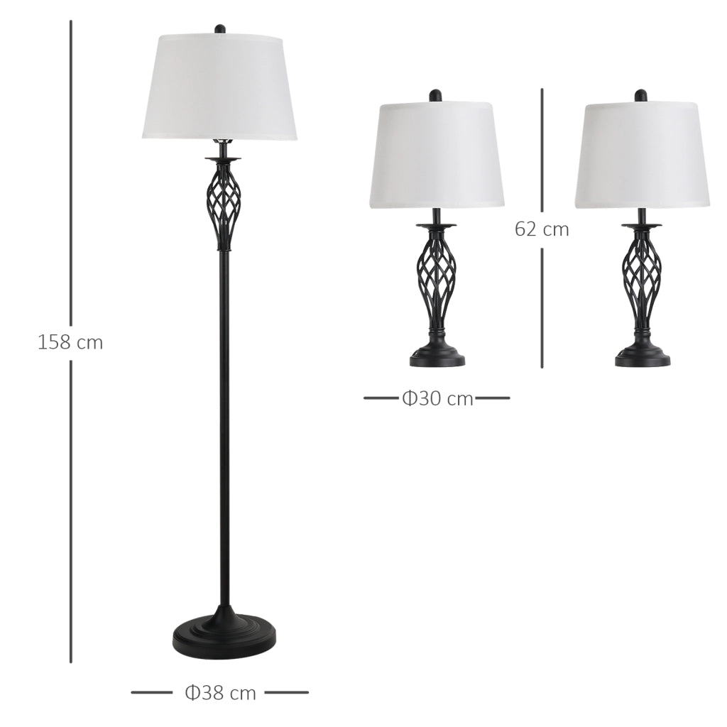 Set 3 Pezzi: 1 Lampada da Terra e 2 Lampade da Tavolo in Metallo, Design Vintage, Lampadine E27, Nero e Bianco