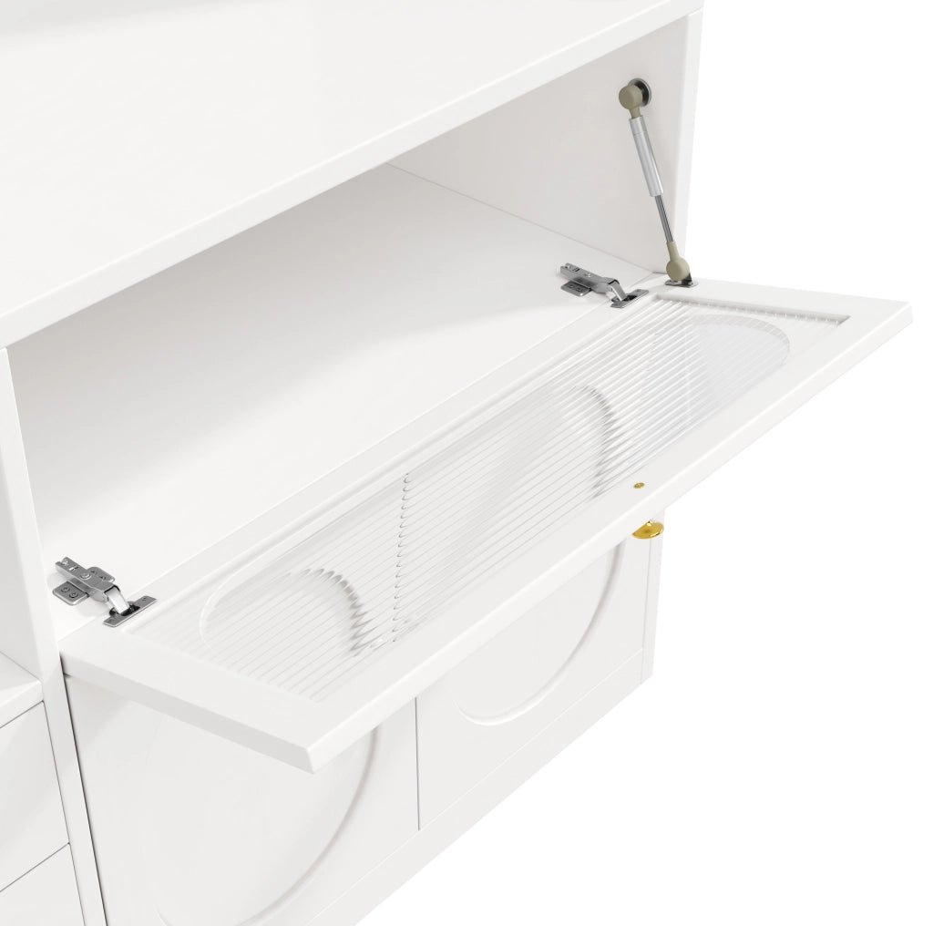 Mobile controllato armadio alto cucina 120 cm con LED RGB, porte scorrevoli in vetro, portabottiglie e ante a ribalta, 3 cassetti, bianco/nero