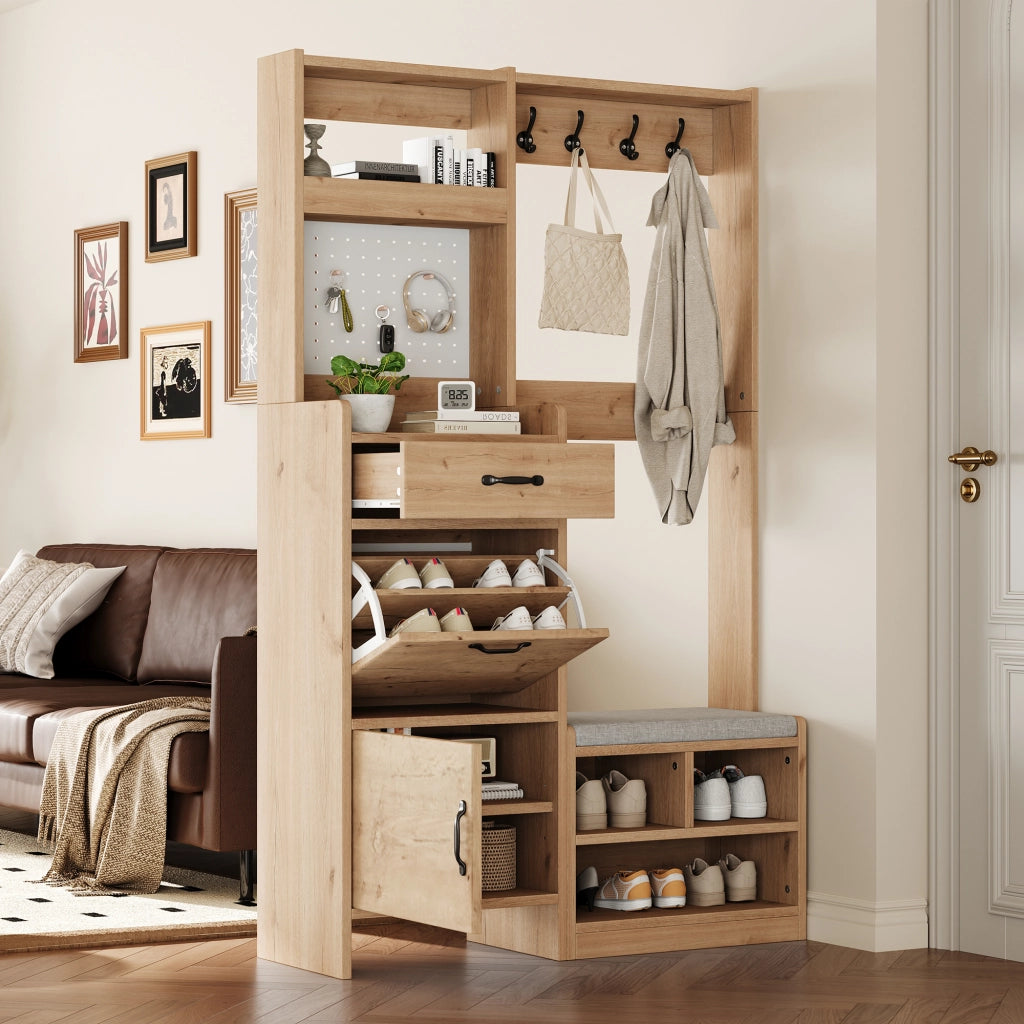 Set di mobili da ingresso con panca imbottita; 2 ante; cassetto e 4 ganci in truciolare naturale e bianco 108.5 × 35 × 180 cm