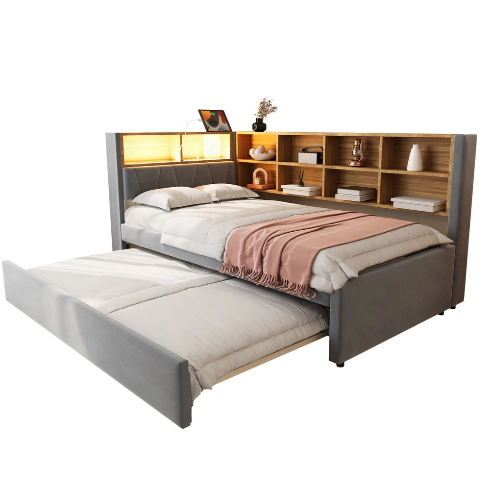 Letto Singolo Imbottito con LED e Prese ¨C MINIMAL ¨C Flanella, Grigio Scuro, 90x200