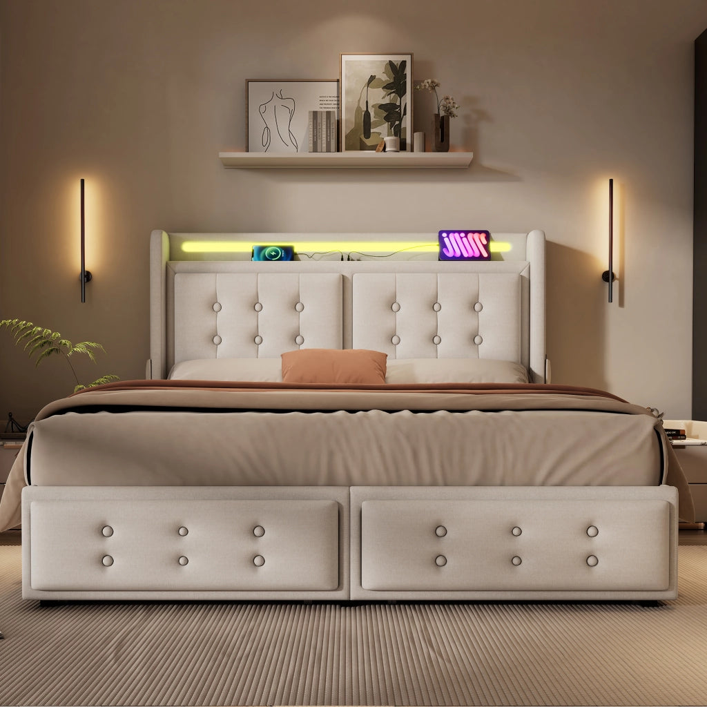 Letto Contenitore 140x200 cm; LED; USB e Type-C; 4 Cassetti; in Cotone e Metallo; Beige