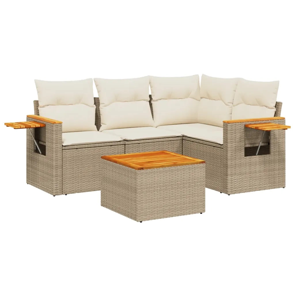 Set Divano da Giardino 5 pz con Cuscini Beige in Polyrattan