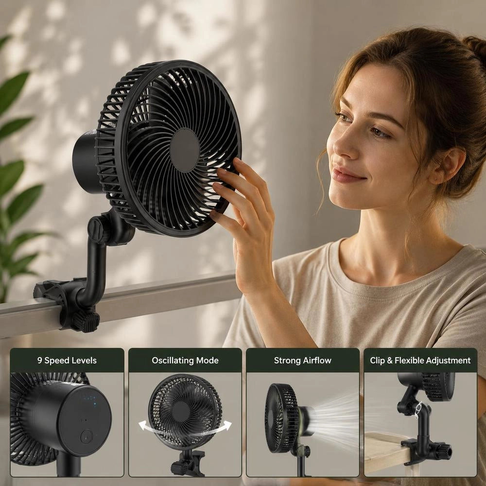 Plant Fan, Grow Tent Clip On Fan Rechargeable, USB Port With 9 Speeds & Circulation Mode, Smart Control, Powerful Oscillating, Long Runtime For Hydroponics Circulation Cooling, Black, 1 Pack