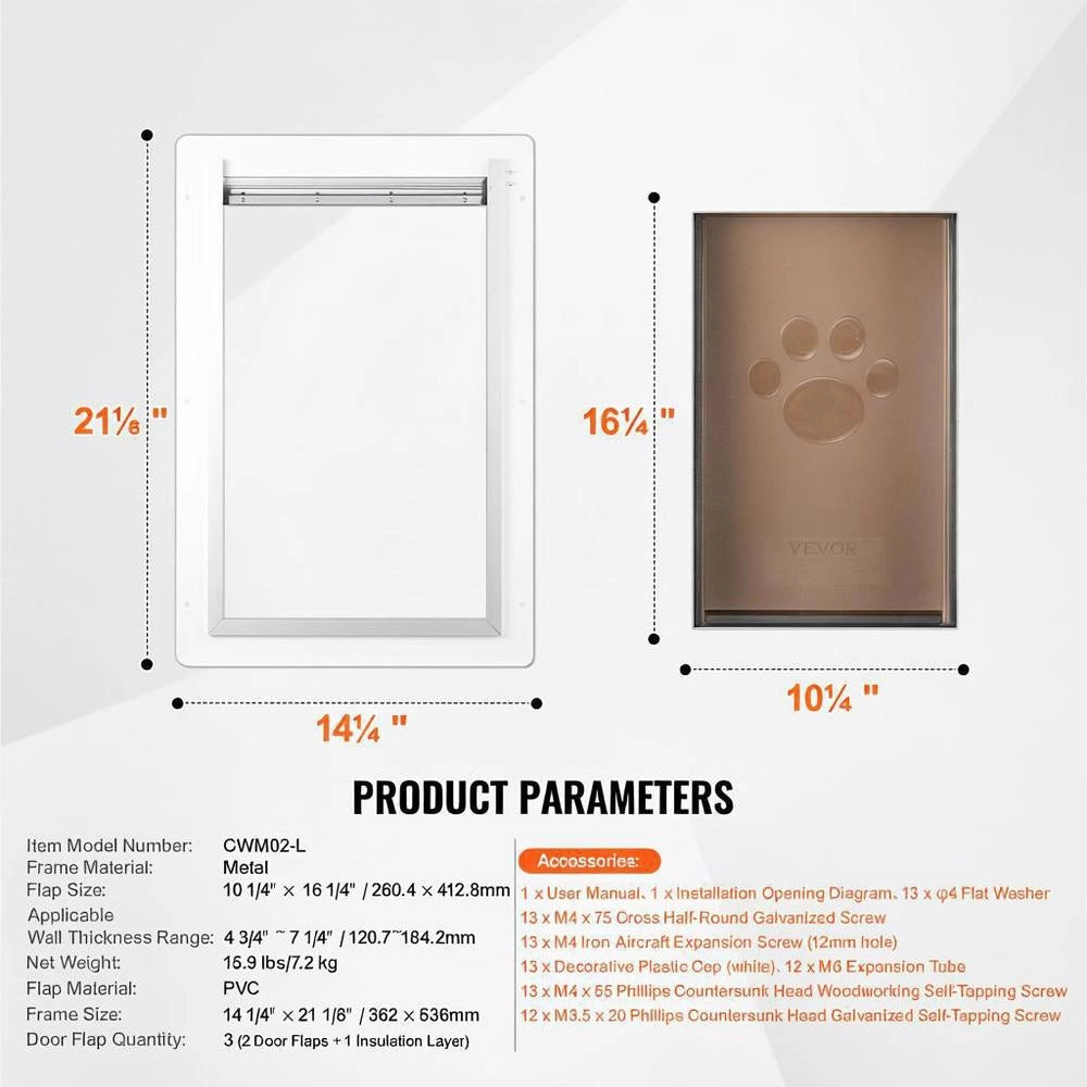 Pet Door/dog Door, Metal Frame With Lock And 3-flap System, 362 X 536 Mm, Weatherproof, Suitable For Cats, Dogs, And Kittens (White-L), Easy Installation