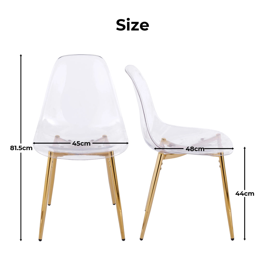 Sedia moderna trasparente con gambe dorate, in ABS e metallo, facile da montare