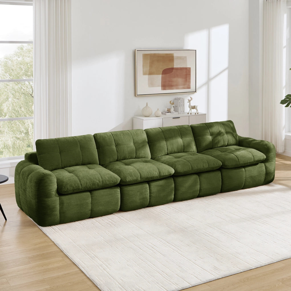 Divano modulare senza telaio 4 posti in ciniglia verde 334x97x68 cm