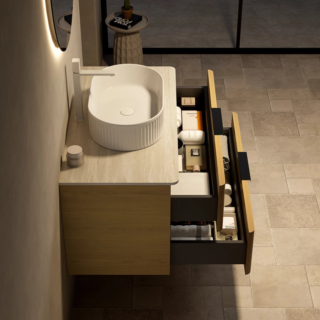 Mobile da bagno con 2 cassetti e lavabo ovale - per bagno - 90×46×62.2 cm - beige