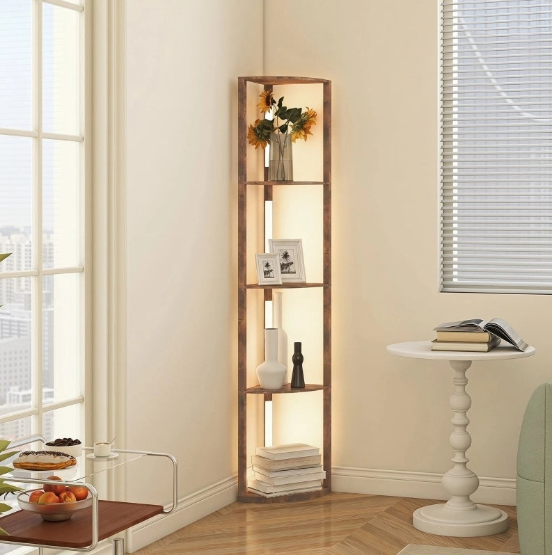Lampada da terra LED dimmerabile con 5 ripiani, luce calda 3000K e interruttore a pedale, finitura marrone rustica