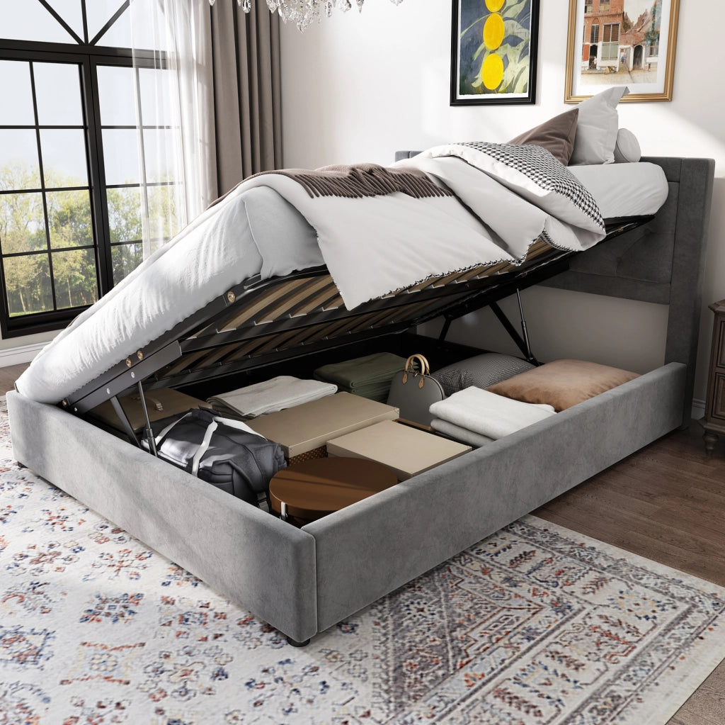 Letto imbottito contenitore in velluto grigio 140 x 200 cm