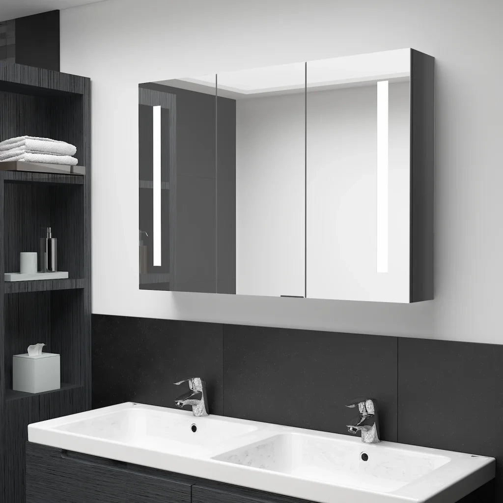 Armadietto Bagno con Specchio e LED-Mobile bagno con specchio 89x14x62 cm Grigio Lucido