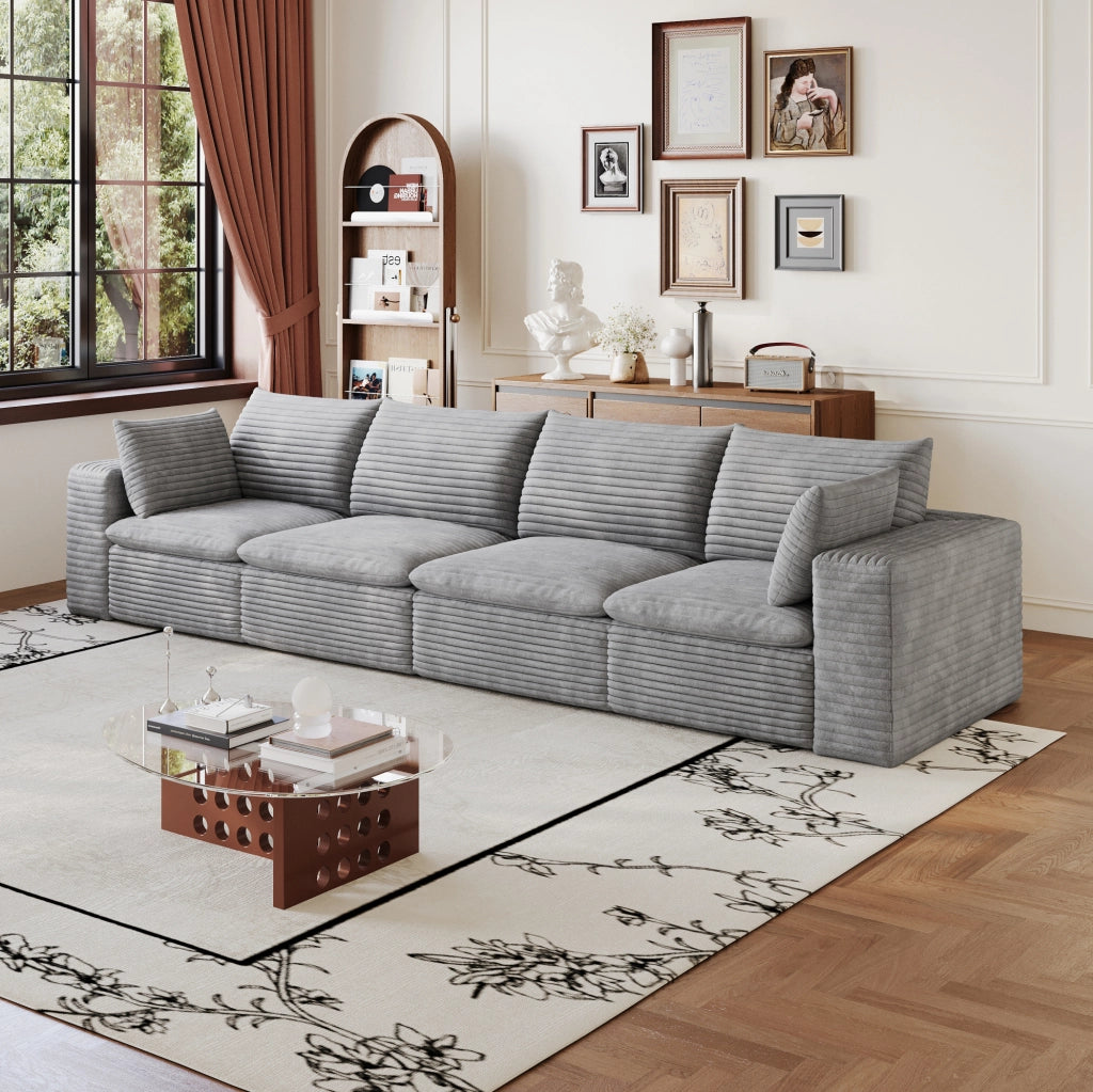 Divano dritto modulare 4 posti 340x90x82 cm in velluto a coste grigio scuro