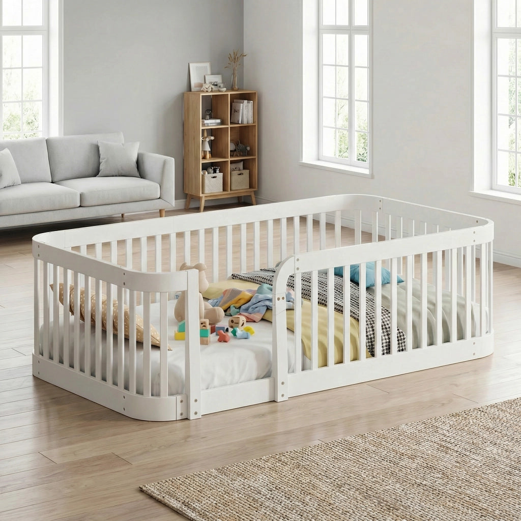 Recinto modulare per bambini 140 × 200 cm in pannelli ad alta densità bianchi con barre distanti 7 cm e bordi arrotondati