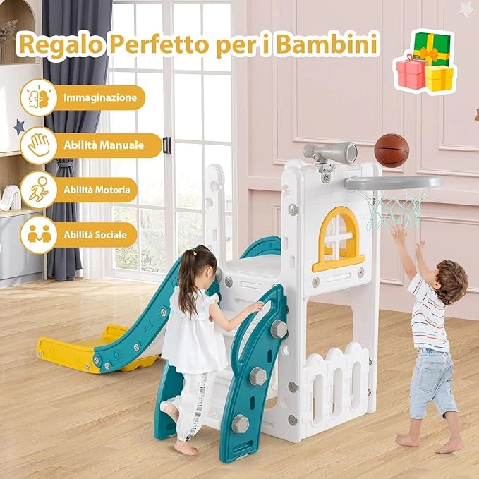 6 in 1 Scivolo per Bambini, Set da Gioco a Forma di L con Canestro da Basket e Telescopio, Spazio di Archiviazione, Scivolo da Interno ed Esterno per 1-3 Anni (Giallo)