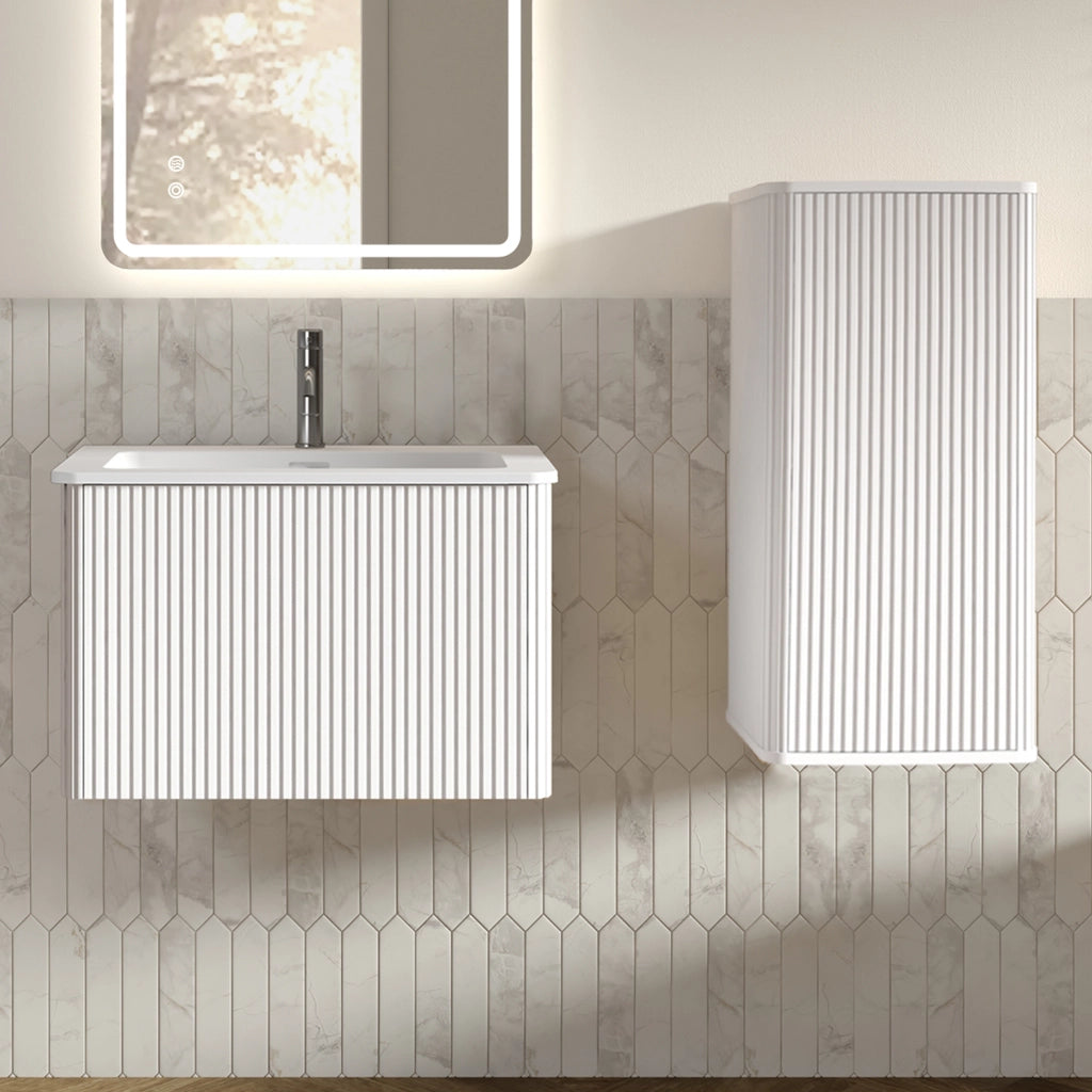 Mobile bagno sospeso con lavabo e colonna laterale bianco in MDF e compensato con lavabo in solid surface