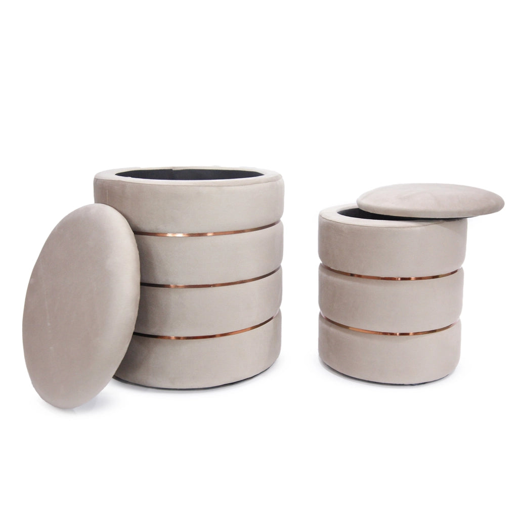 Set 2 Pouf Contenitori in Velluto – Pouf Arredo Moderni Impilabili, Poggiapiedi con Contenitore Salvaspazio, 4 Colori – Grande 37x41 cm, Medio 28x34 cm   Tortora