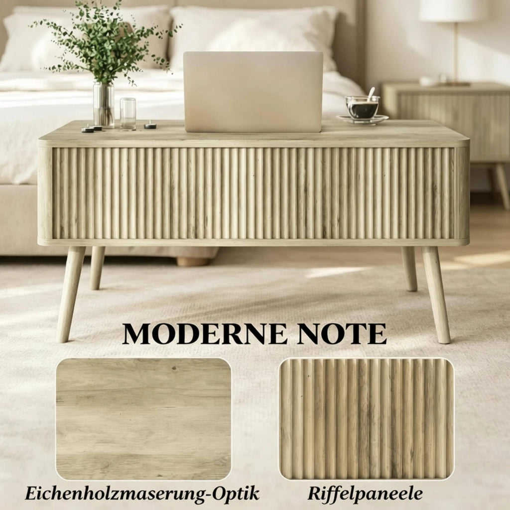 Tavolino da soggiorno moderno in MDF e legno di pino con piano regolabile in altezza, finitura rovere, 91x56 cm