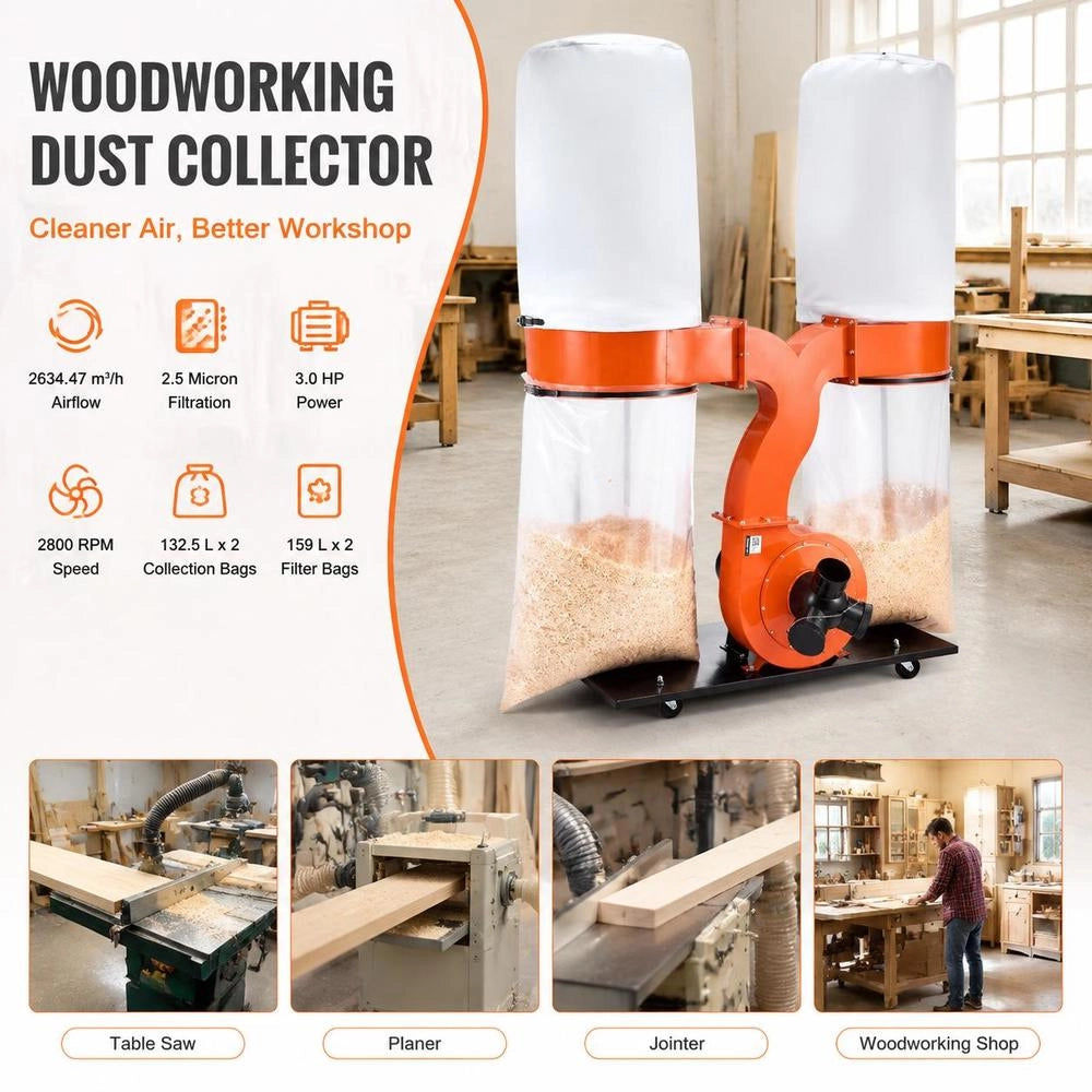 Extraction System, 2634.47 M³/h 2.5 Micron Chip Extraction System, 3.0 HP Sawdust Collection System With Two 132.5 L Dust Collection Bags And Two 159 L Filter Bags, 2800 Rpm, Non-woven Fabric