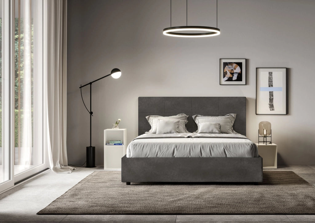 BS COM Letto queen size contenitore imbottito 150x190 microfibra grigio