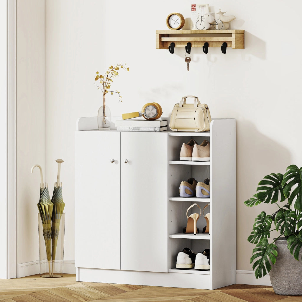 Scarpiera Ingresso con 4 Ripiani Aperti,Scarpiera Armadio Multiuso con Armadietto a 2 Ante e Ripiani Regolabili,Porta Scarpe Salvaspazio per 12 Paia,83x30x90cm,Bianco