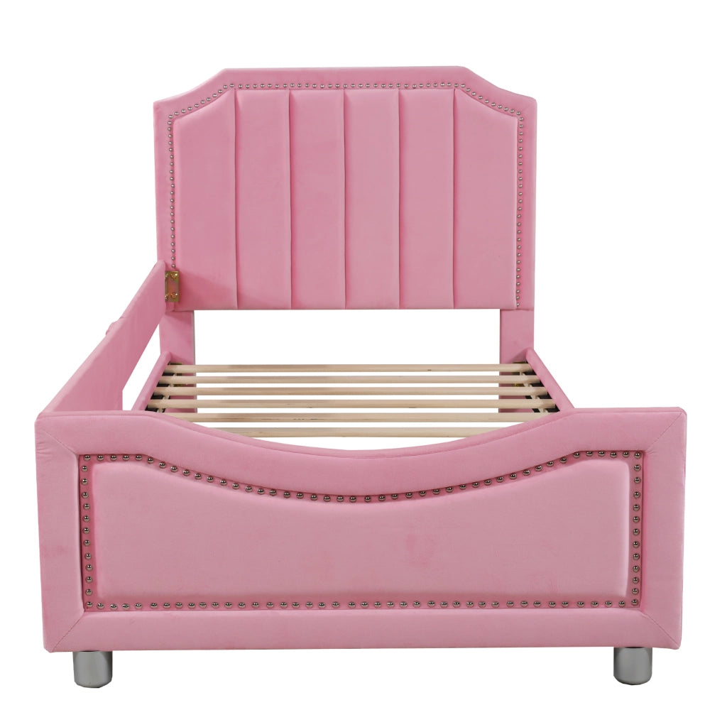 Letto singolo 90x200 cm imbottito con testiera e pediera decorative; rete a doghe; rosa