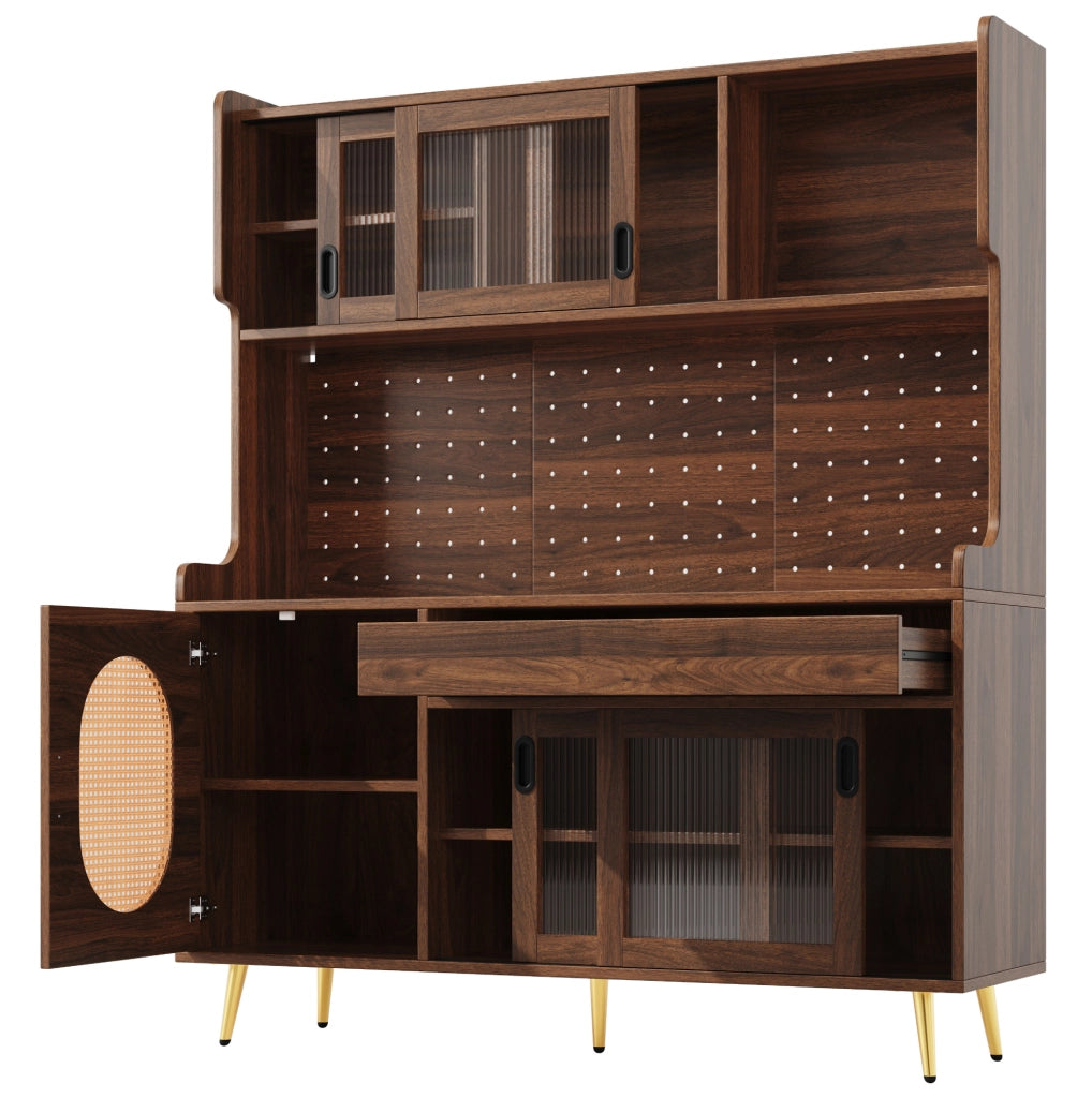 Credenza alta 145x39x171 cm in MDF marrone, 5 ante e LED per cucina