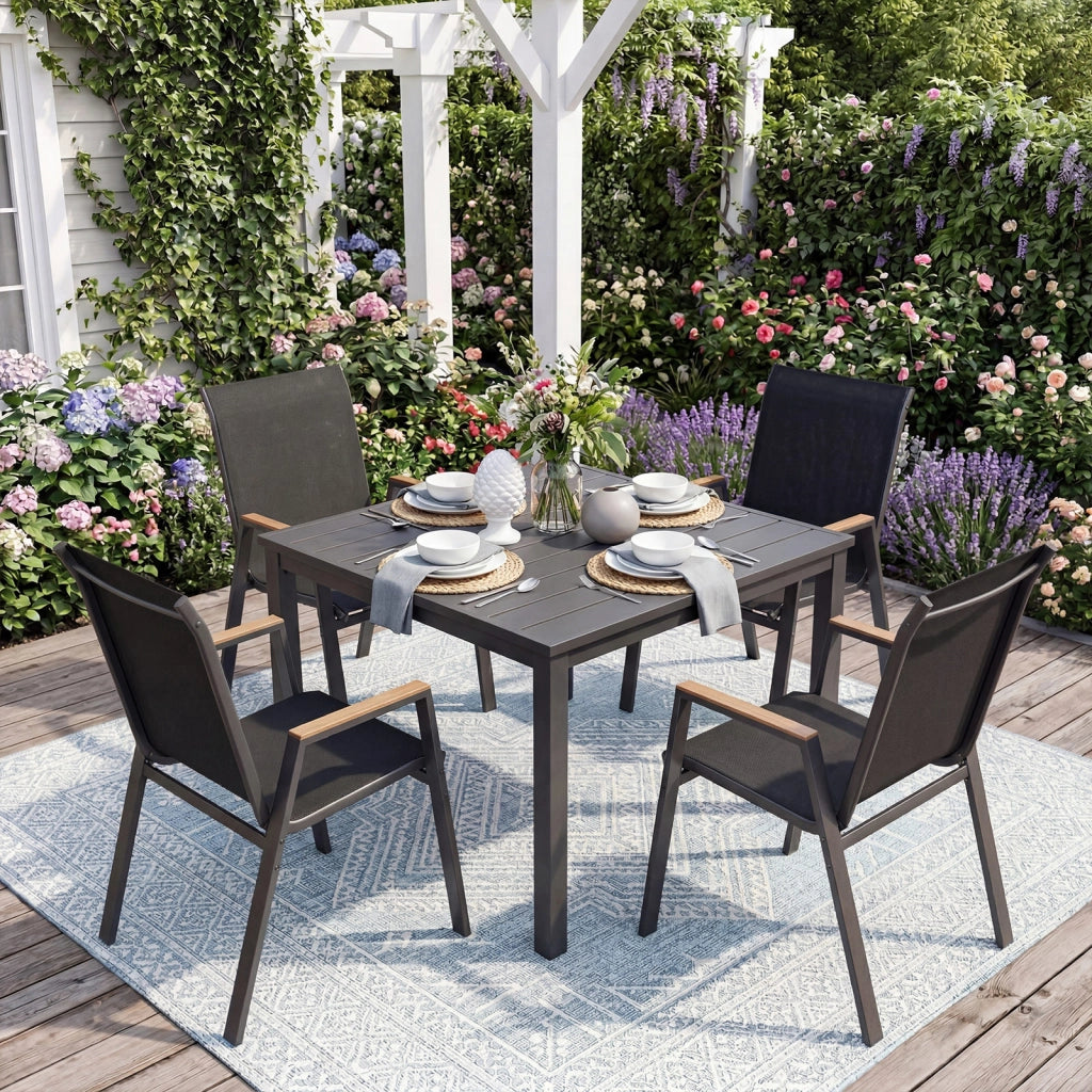 Set di 6 sedie da giardino impilabili in tessuto traspirante e acciaio, Poltrone ergonomiche con braccioli portata 180 kg Nero