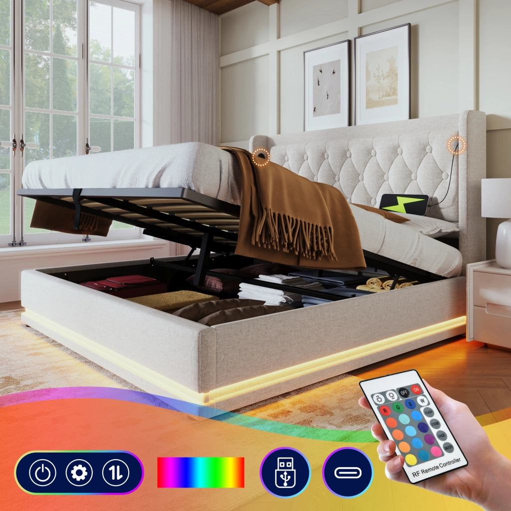 Letto matrimoniale imbottito beige 140x200 cm