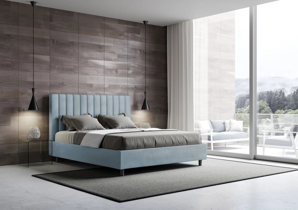 BS COM Letto una piazza e mezza con rete imbottito 130x190 microfibra azzurro
