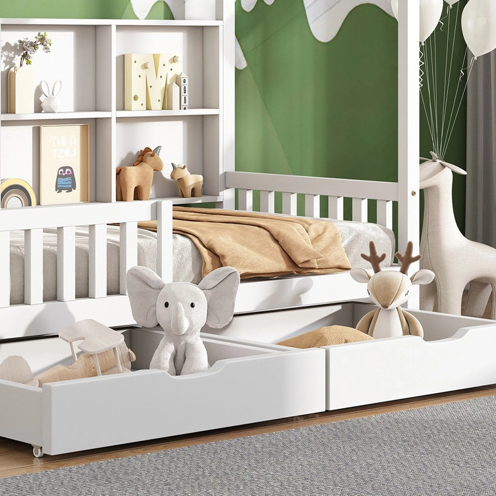 Letto Casetta per Bambini con Cassetti, Libreria e Contenitore ¨C MINIMAL ¨C Bianco 90x200