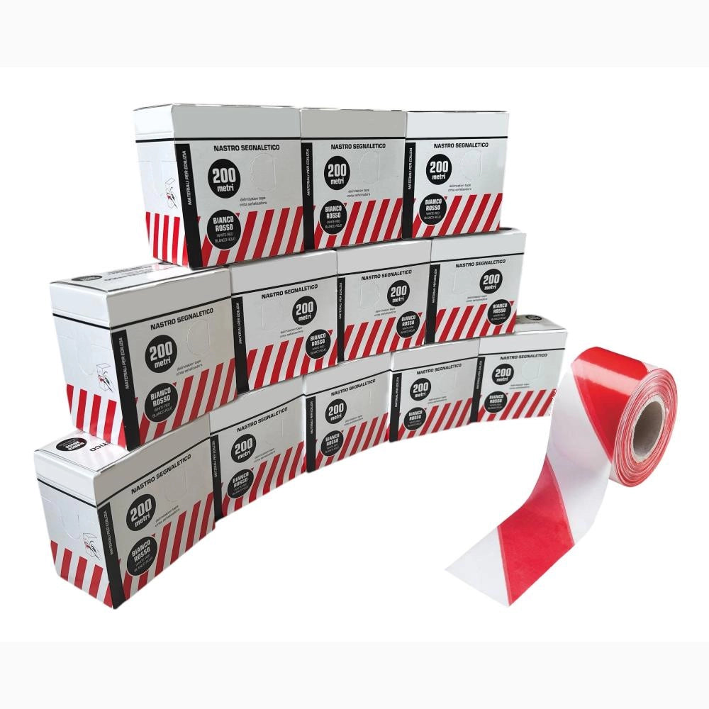 Nastro Segnaletico Bianco e Rosso in PVC 7 cm per 200 Metri con dispenser Conf. 12 pezzi